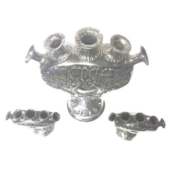 Rare Antique Set of 3 Ornate Rose Vases - Hanau Silver German Rococo 1800s - Picture 9 of 12